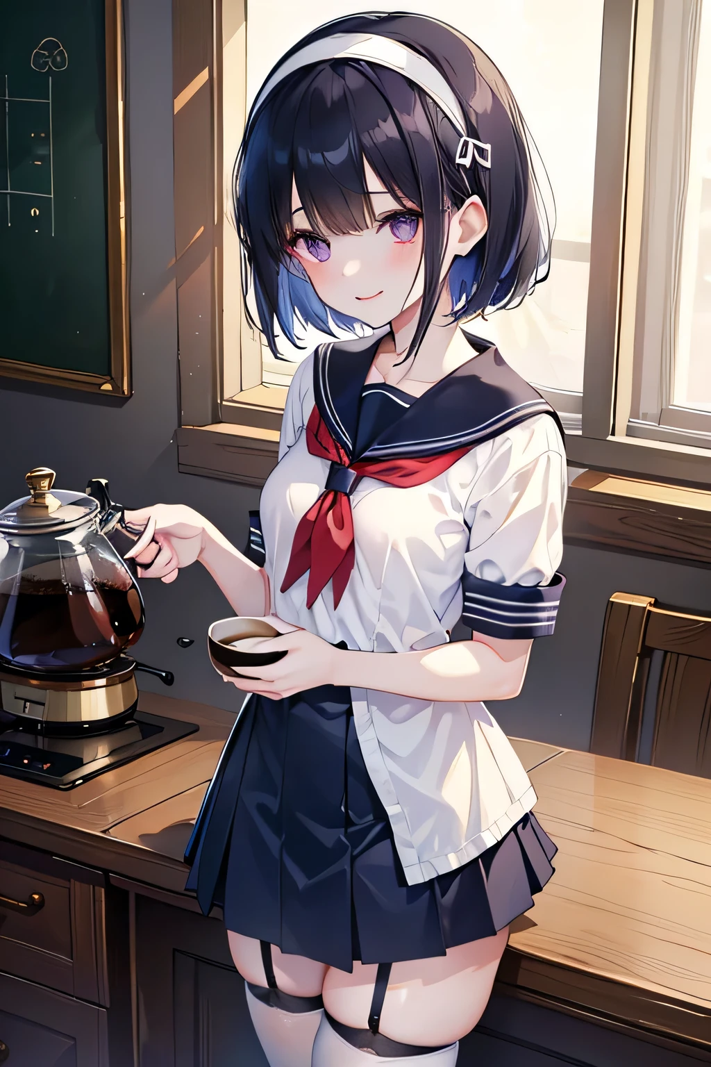 Sailor suit, Sailor suit, One Woman, (Beautiful woman, Delicate schoolgirl:1.3), 8k, highest quality, masterpiece, Very detailed, Ultra-high resolution, Realistic, RAW Photos, Absolute Resolution, Black Hair, Bobcut, face is small compared to body, Very small face, Black Hair, Navy blue Sailor suit, Navy Blue Skirt, High school girl in Sailor suit, 2D Rendering of Anime, realistic young anime school girl, , ((White headband)), Small breasts, expensive, Slanted Eyes, Purple eyes, Black Stockings, garter belt, Smiling with teeth showing, Private room, (Hold the coffee pot in your right hand　Holding a cookie in his left hand:1.3), Top-down position