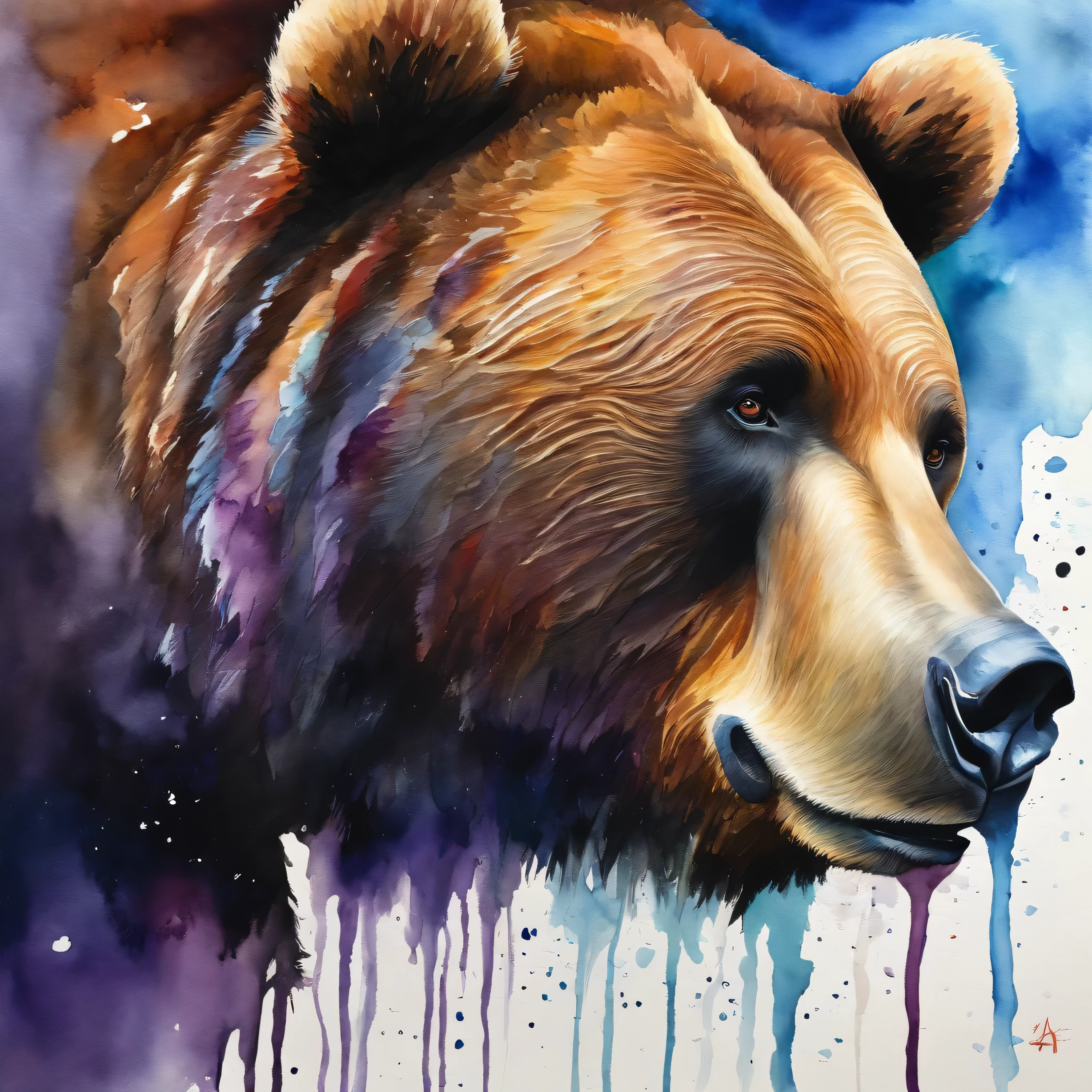 A close up portrait painting of a grizzly bear, by Anna Haifisch, metaphysical painting, rainbow drip paint, blue and purple background, abduzeedo, ink artwork