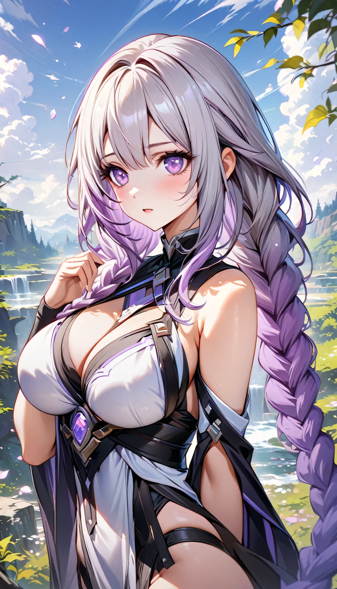 nature, Sky, cloud, Delicate petals falling in the air ,Ultra Detailed ， yinji , 1 Girl, purple hair,purple eyes,very long hair,grey hair,double braid,large breasts,gradient hair, Look up at the sky and smile, Beautiful Face, masterpiece, best quality, (Highly detailed CG Unity 8k wallpaper) (best quality), (Best Illustration), (The best shadow) 