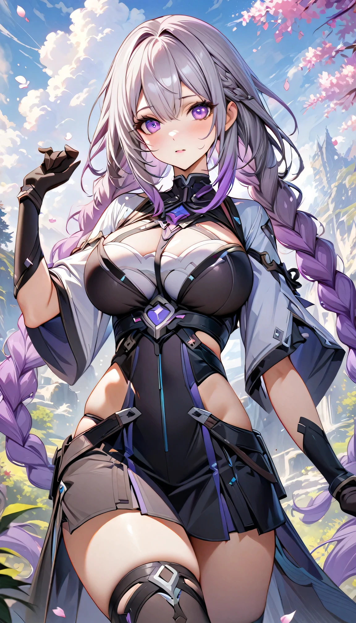 PERFECT MASTERPIECE, EXTREMELY DETAILED CG UNITY 8K UHD QUALITY RESOLUTION WALLPAPER, PHOTOREALISTIC, OFFICIAL ART, AWARD-WINNING PORTRAIT, DYNAMIC PROFESSIONAL CINEMATIC LIGHTING, RAW PHOTO, OCTANE RENDERING, The most beautiful and sexy elf goddess, colorful holographic fairy wings, very long beautiful purple hair, straight bangs, vibrant moonlight eyes, long detailed eyelashes, blushing, full pouting pink lips, shiny realistic skin, super huge enormously gigantic tits, cleavage showing, gigantic tits bursting out of her outfit, curvy body type, full hips, wearing highly detailed sexy hooded battle armor, tons of tattoos and piercings, squatting spreading her legs open arching her back in a sexy seductive slutty pose, her nice big ass lifted up, looking back at the viewer, close up pov camera view from below, sexy seductive slutty facial expression, cherry blossoms and butterflies blowing in the wind, enchanted magical cosmic atmospheric forest background
