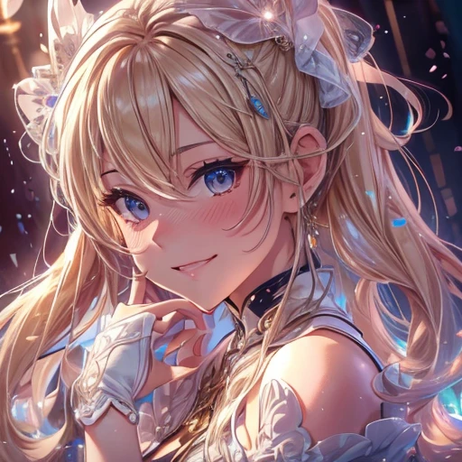 (masterpiece), 8k CG, Stunningly beautiful girl, Intricate details, chromatic aberration, ((Bust Shot)), ((View Viewer)), One girl, Shiranui Flare, (Long ponytail, (Blonde Hair)),A very beautiful and delicate portrait, Cute Face, Big smile, Joyful, Soft Cheeks, blush, compensate, Absurd, Cinema Lighting, Dynamic Lighting, Fantasy, ((Dark Background, fog))