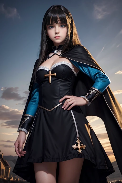 girl, evil, teen(1.3),13 yearsirl, small bre black hair and blue eyes, detailed face, ,cleavage, little dress with cape, dress with christian cross ,background in prussia