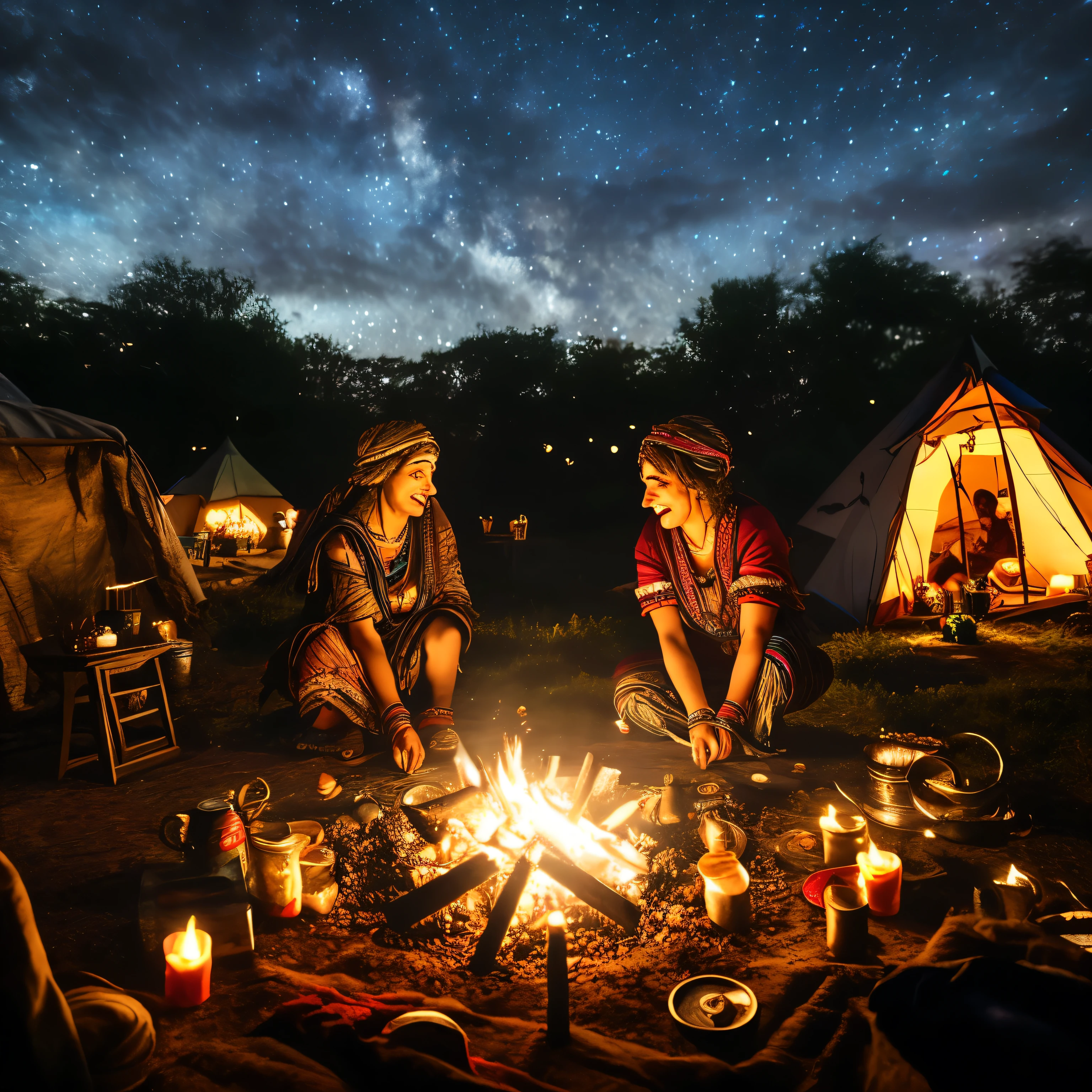woman, gypsie, realistic, in a camp, at night, with a bonfire, happy, dancing, backwards, night sky, best quality, fruits, ribbons, coins, flowers
