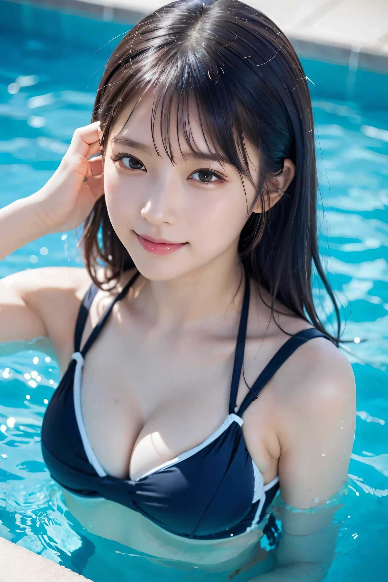 ((Sports Swimwear:1.3)), Swimwear, Skin color, big , smile, (8k, RAW Photos, highest quality, masterpiece:1.2), masterpiece, super detailed, super high quality, (Realistic and realistic photos:1. 37), High-resolution RAW color photos, Very delicate and beautiful, highly detailed, 8k wallpaper, wonderful, detailed, Very eye, very detailed, very detailed skin, Very thin fingers, very detailed nose, very detailed mouth, Perfect Anatomy, Upper Body, swimming, Transparency, tiny Swimwear, Nogizaka Idol, Korean Idol, Carving an idol pose, 18-year-old, cheap, Cafe, restaurant, Italy, deer, Australia, break ((Upper Eye)), ((angle From above: 1. 3)), From above, Looking into the camera,