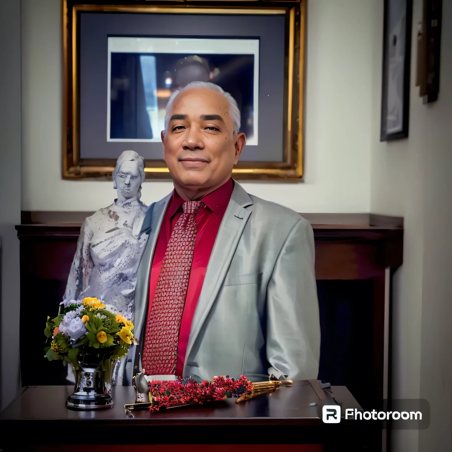 there is a man in a suit and tie holding a statue, filmado no sony a 7 iii, foto de moda retrato, inspirado em George Barret, Sr.., por Hubert van Ravesteyn, filmado em canon eos r5, filmado em canon eos r5, richard sigamani, filmado no sony a 7, tiro no busto, filmado com canon 5d mark ii