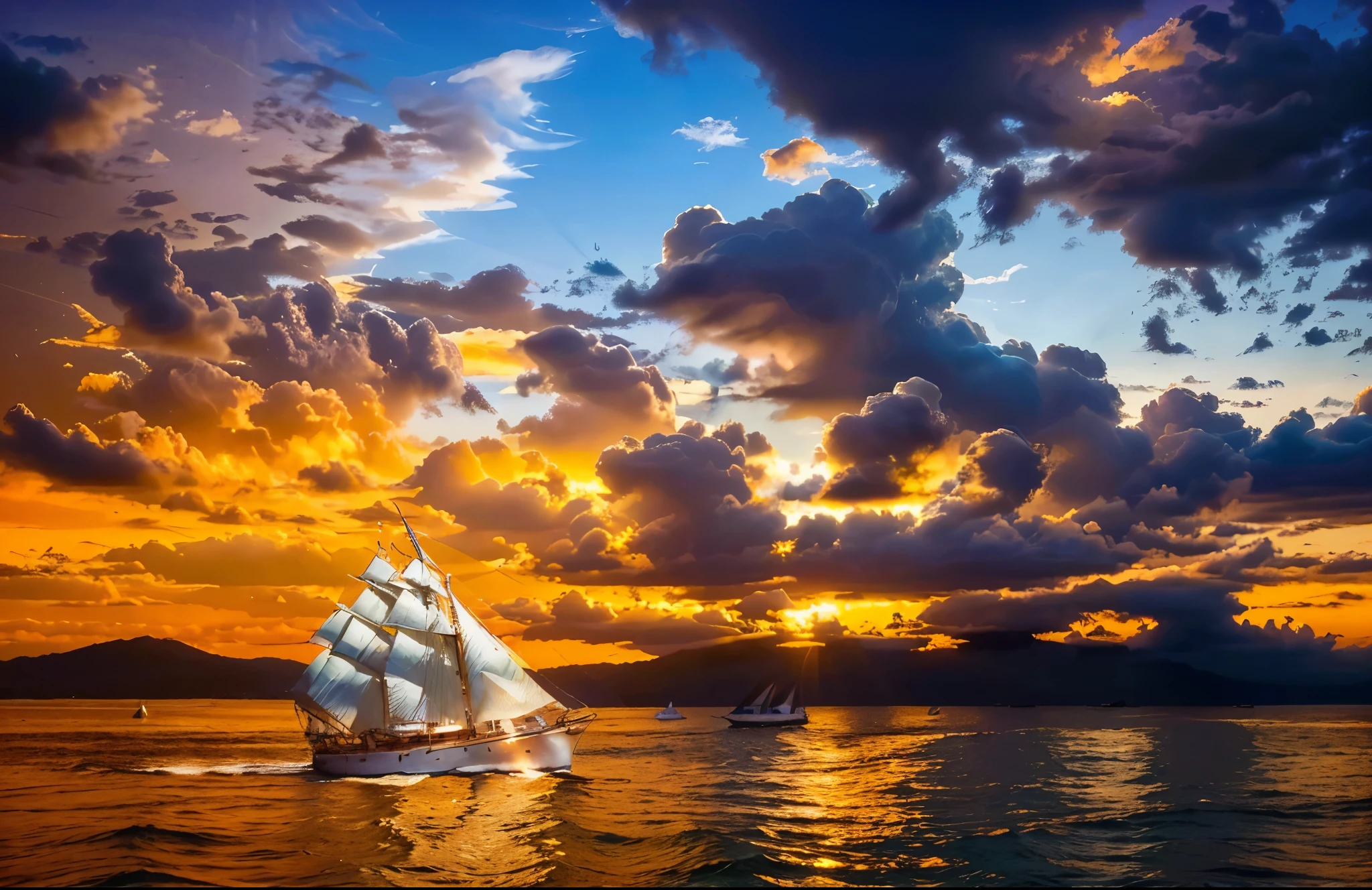 a large sailboat sailing on a calm ocean under a cloudy sky, papel de parede - 1 0 2 4, veleiro, veleiro no fundo, Papel de parede HD, veleiros, navio no mar, velas rasgadas, navios com velas, great amazing composition, em um fundo de navio pirata, cena surreal, dramatic nautical scene, zarpar, inspirado em Ivan Aivazovsky