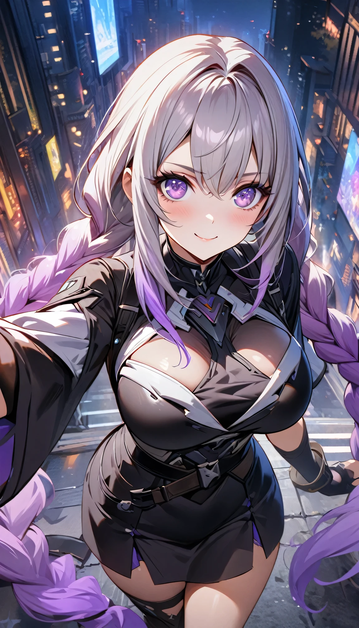 Full body portrait of a man posing fiercely against a neon-lit city background,Night view, yinji , 1 Girl, purple hair,purple eyes,very long hair,grey hair,double braid,large breasts,gradient hair,  Look up at the sky and smile, Beautiful Face, masterpiece, best quality, (Highly detailed CG Unity 8k wallpaper) (best quality), (Best Illustration),