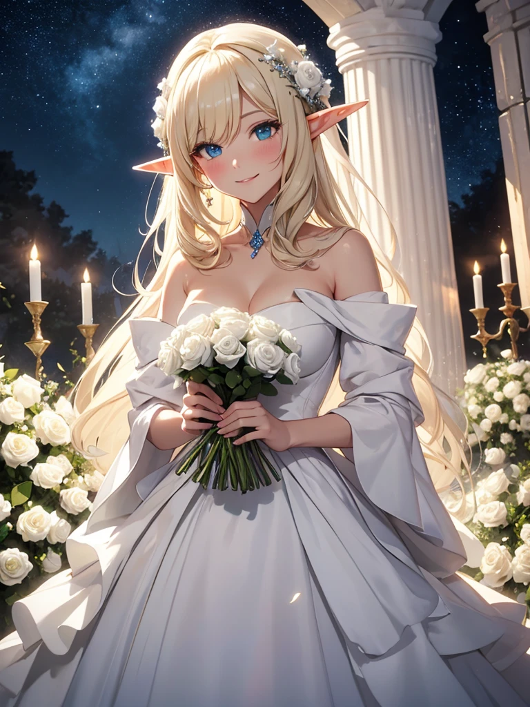 Elf　Beautiful dress　Light　Blonde　smile　forest　magic　Masterpiece Night　Starry Sky　Magic sexy, extremely beautiful    holding a bouquet of white roses　White Rose Bouquet UHD Highest Quality　