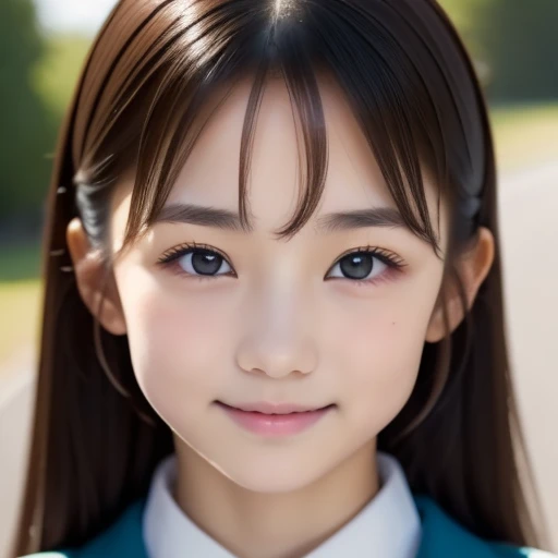 Cute 15 year old Japanese、On the road、Highly detailed face、Pay attention to the details、double eyelid、Beautiful thin nose、Sharp focus:1.2、Beautiful woman:1.4、Align your bangs、Pure white skin、highest quality、masterpiece、Ultra-high resolution、(Realistic:1.4)、Highly detailed and professional lighting、nice smile、Japanese school girl uniform、