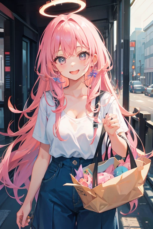 1girl,solo,pink hair,cleavage,eat ice cream,licking, Stick out tongue,long tongue,open mouth