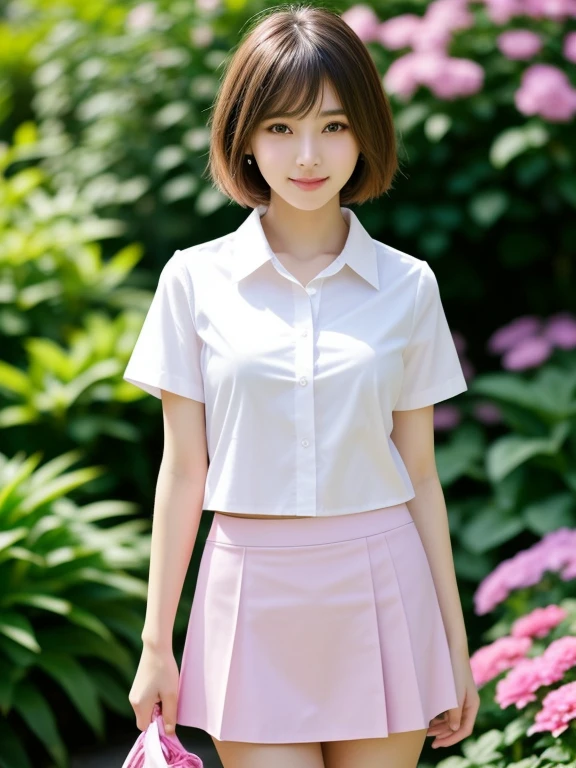 (((Small))),masterpiece, highest quality, High resolution, wallpaper, Realistic, Bright lighting, Professional Lighting, Face Light, Smooth lighting, Japanese Girls, ((Whole body 1.4)),Are standing, cute, smile, beautiful girl, gravure, sexy, so beautiful, Beautiful Skin, Beautiful and detailed、Detailed face、slim、Moderate, short hair, Blonde Hair, Brown Eyes, View your viewers,mini skirt,((((Tuck up your skirt)))),(White Bra), White panties,((Pink short sleeve shirt)),((open shirt)),Sunny flower garden,flower,Small,
