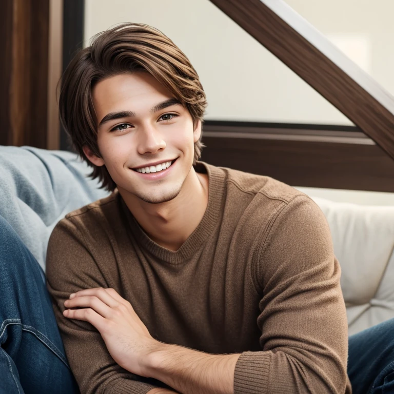 A young man, brown hair, calm smile