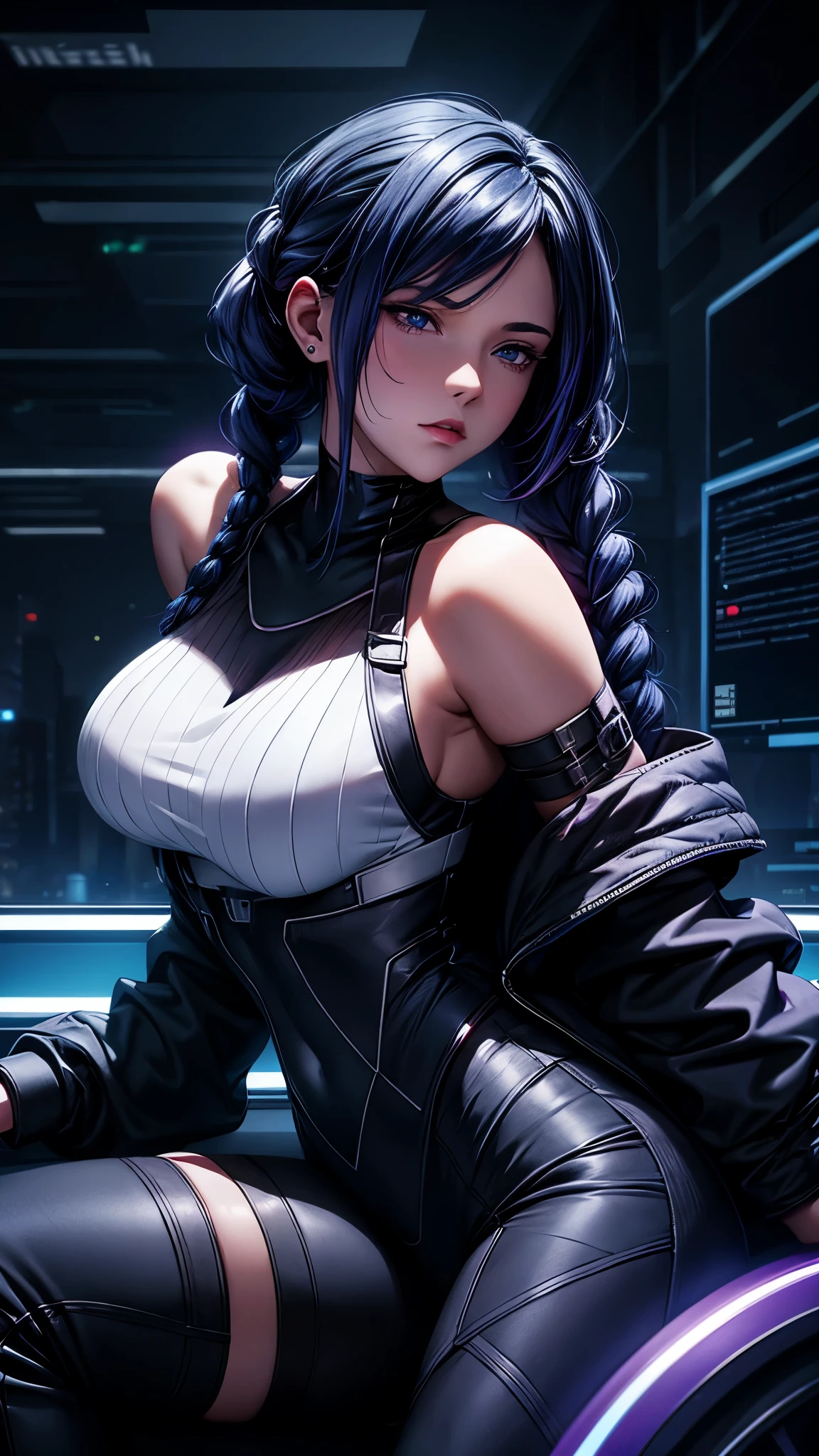 Very young girl, black mask, White skin, The code on, Hacker style, curve,sit on it、View from the side、deep purple, dark, braids, dark blue hair, cable, vintage, cyberpunk, Data center background, deep purple theme, night city
