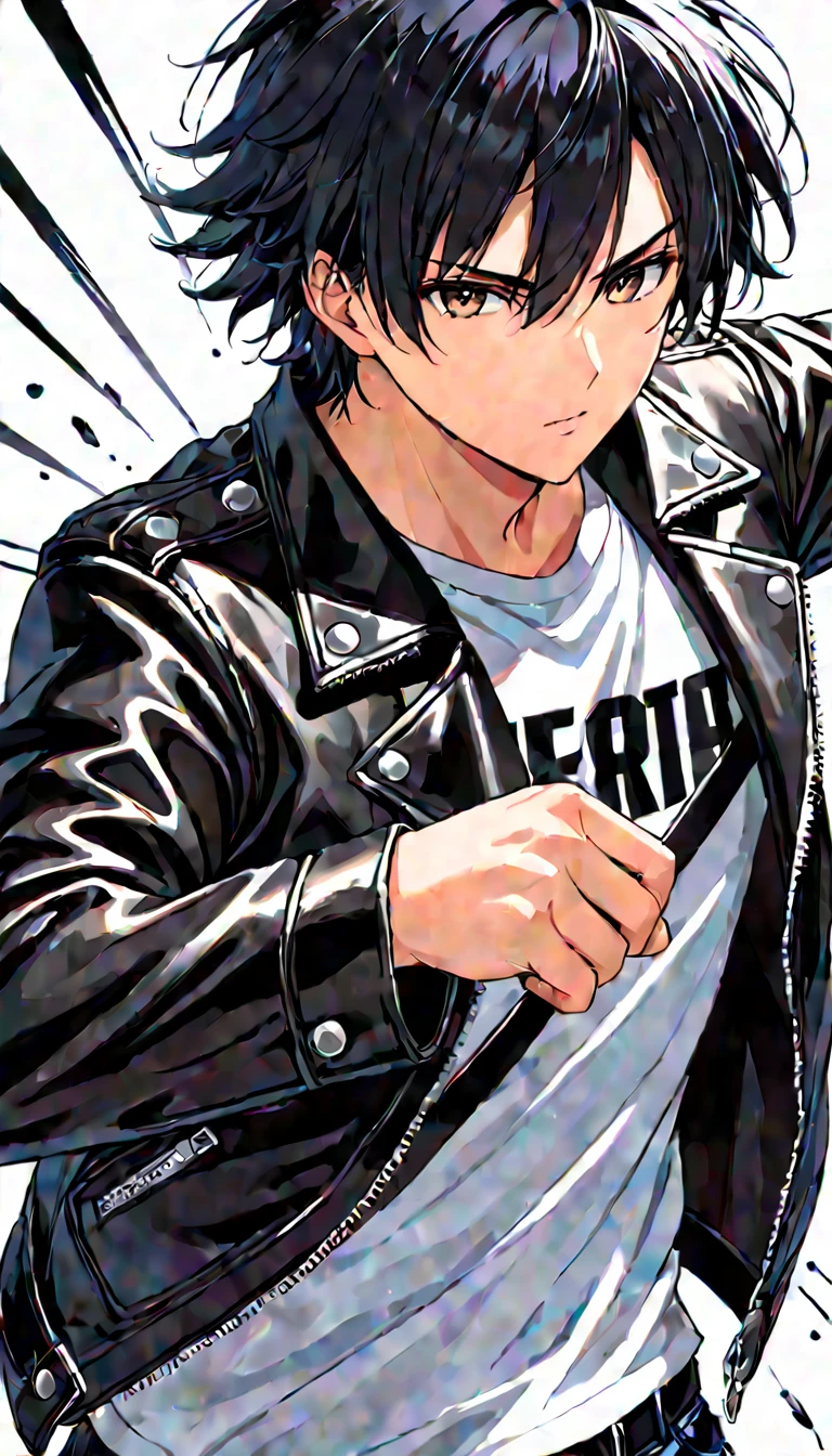 One boy, Black Hair, White Background, Shortcuts, leather jacket, T-Shirts, Upper Body, Detailed shape, Detailed Lines, The Art of Combat Attack, Color Manga Style