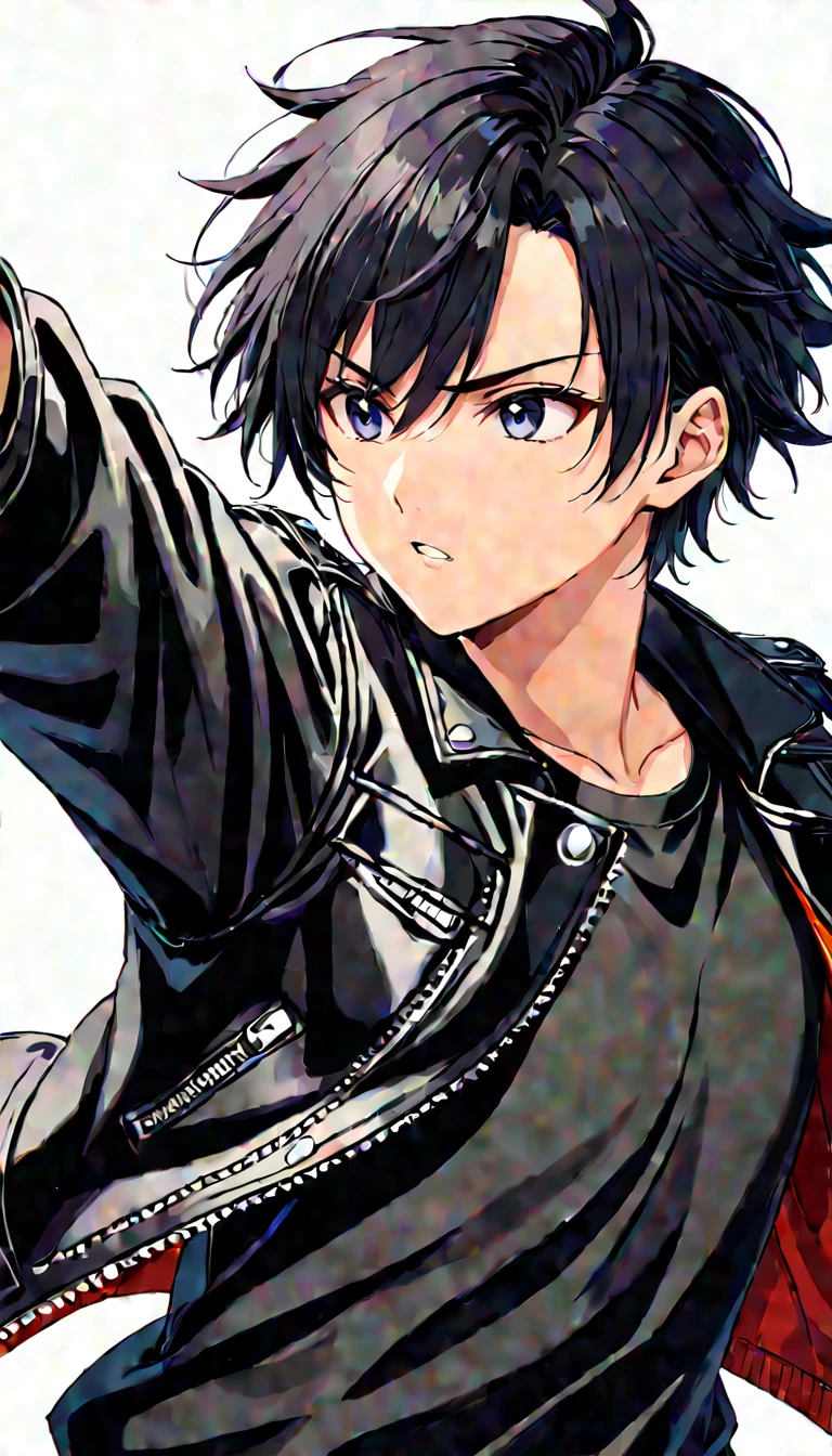 One boy, Black Hair, White Background, Shortcuts, leather jacket, T-Shirts, Upper Body, Detailed shape, Detailed Lines, The Art of Combat Attack, Color Manga Style