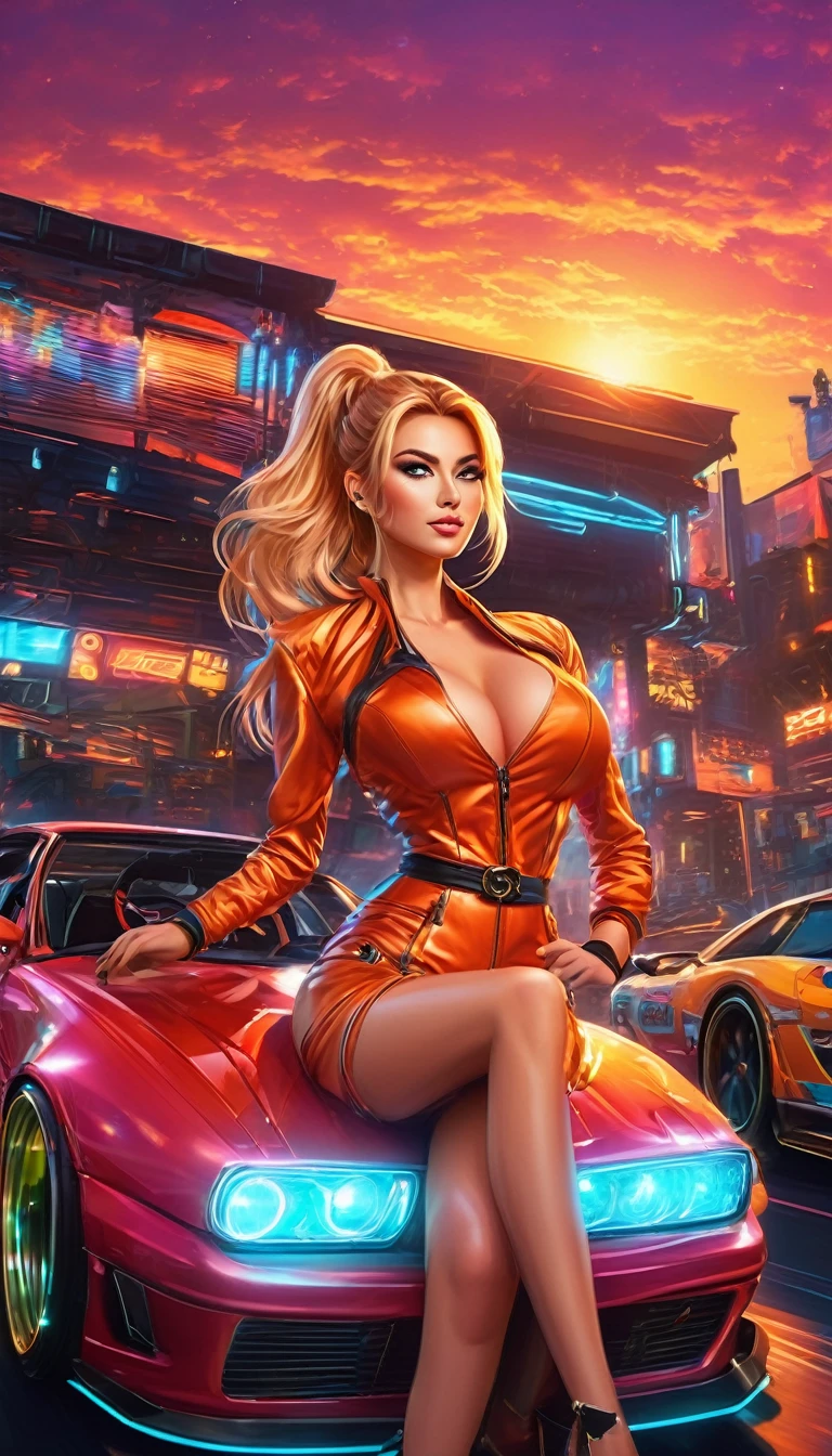 A young woman wearing (Tight, fit, Comfort) 高腰短裤and短款衬衫站在两者之间 (powerful, smooth) Muscle car starts racing, engine roar, Against the backdrop of a gorgeous sunset. (best quality, 4k, High resolution, masterpiece:1.2), Extremely detailed, (Practical, photoPractical, photo-Practical:1.37) quickly, and (HDR, Ultra HD) 质量and (Studio Lighting, Clear focus), High Ponytail, Copper Blonde Hair, Large Breasts, Bright Light, Perfect eyes, Skin blemishes, Delicate skin, Whole people, black light makeup,Ambo 1