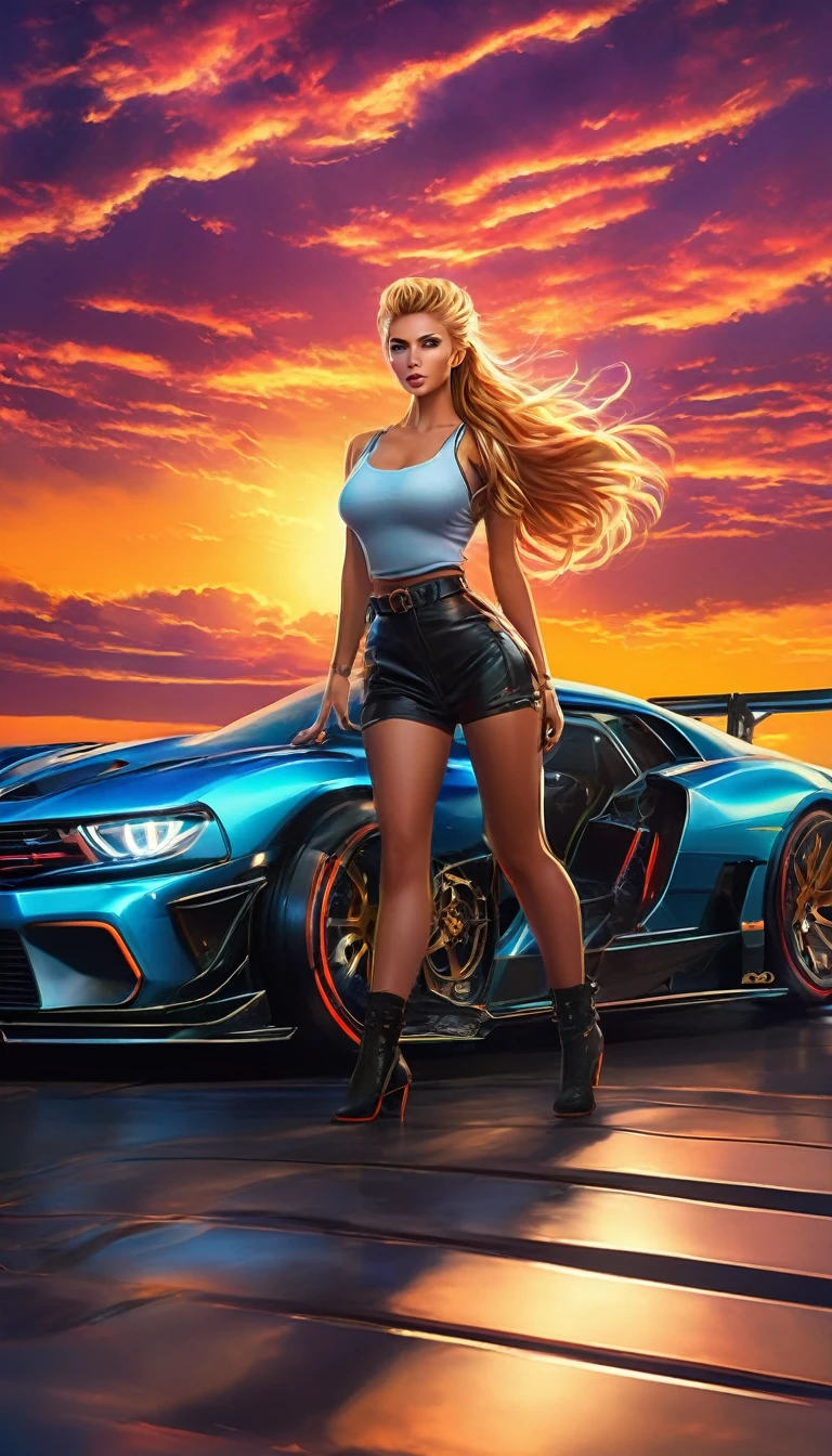 A young woman wearing (Tight, fit, Comfort) 高腰短裤and短款衬衫站在两者之间 (powerful, smooth) Muscle car starts racing, engine roar, Against the backdrop of a gorgeous sunset. (best quality, 4k, High resolution, masterpiece:1.2), Extremely detailed, (Practical, photoPractical, photo-Practical:1.37) quickly, and (HDR, Ultra HD) 质量and (Studio Lighting, Clear focus), High Ponytail, Copper Blonde Hair, Large Breasts, Bright Light, Perfect eyes, Skin blemishes, Delicate skin, Whole people, black light makeup,Ambo 1