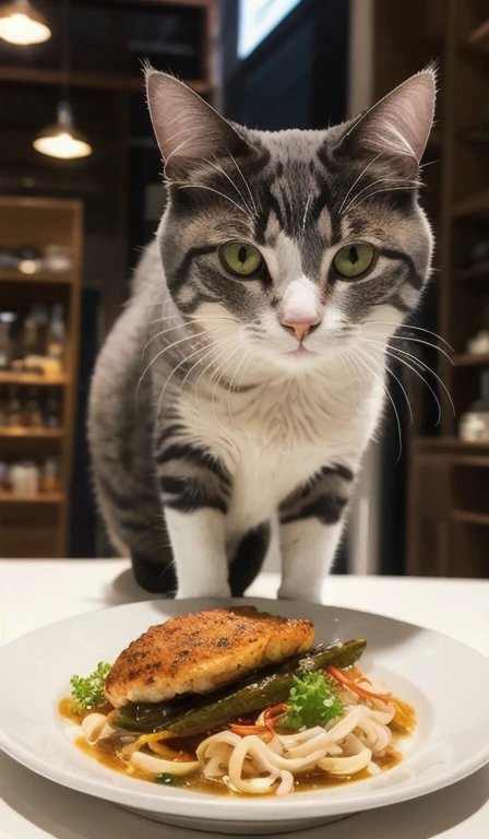Close-up photo (Gray Trader Cat:1.2), fish dishes, (manner:1.3), At Glass Tech Kitchen, Ultra-realistic, Intricate details, (It was foggy:1.1), View from below