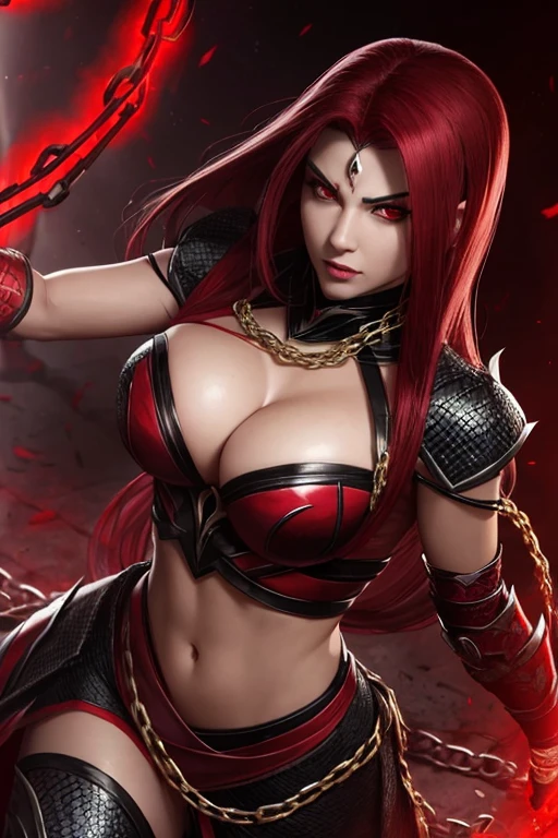 womans super villain, scarlet mortal kombat , red eyes, detaleid face, using chains and snake power, snake power, meduza, beautiful, sexy, psycho