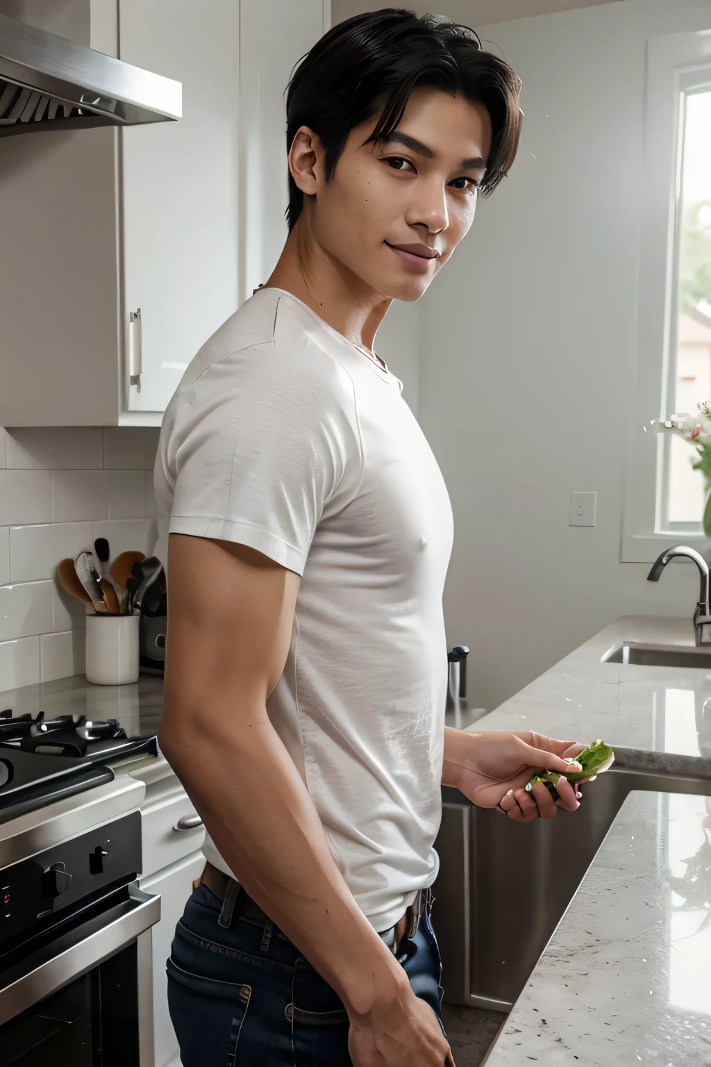 young East Asian male model with smooth, fair skin and a slight smile. He has short, styled black hair with a slight wave and almond-shaped eyes. His nose is small and straight, and his lips are thin and naturally pink. The model with smooth, fair skin and short, styled black hair is in a sleek, modern kitchen, preparing a meal. He’s dressed in a fitted T-shirt and jeans, with a slight smile as he chops vegetables on the countertop. The kitchen features stainless steel appliances, a large island, and bright, clean lines.