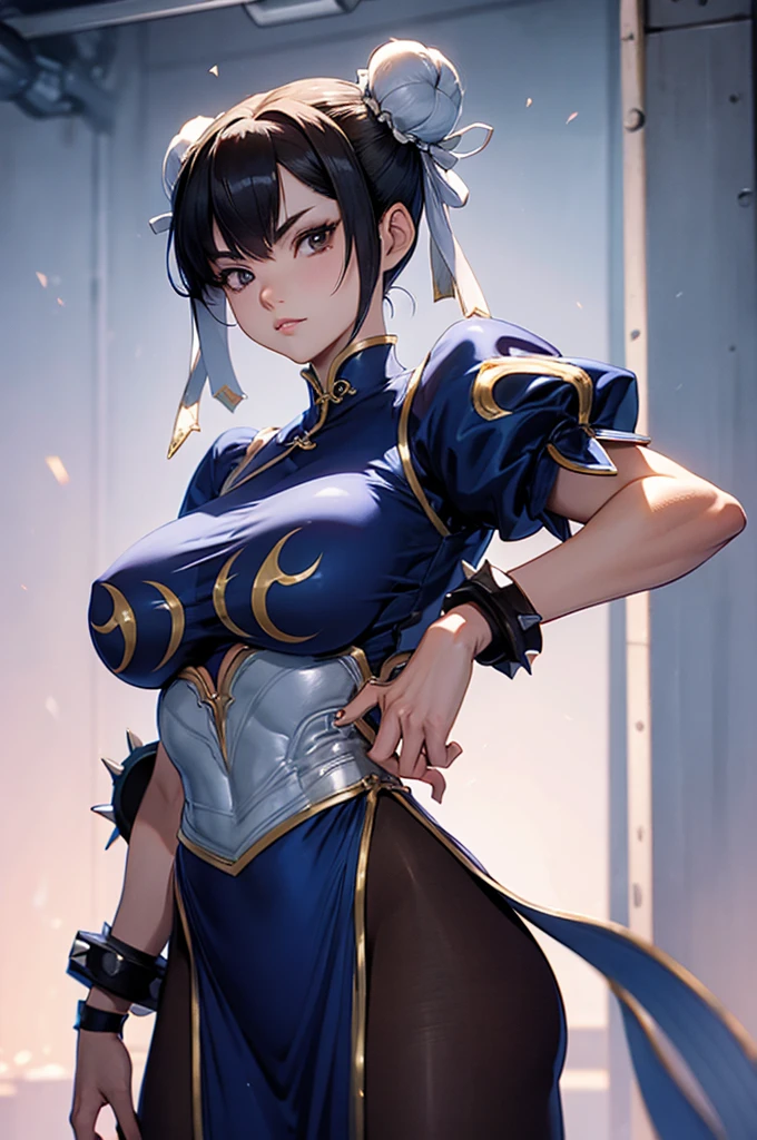 chun li,oculos no rosto,Obra de arte, melhor qualidade, agrias, gray sweater, collant preto, standing, olhando para o espectador,belas coxas,roupa azul,olhar penetrante,evil look,oculos no rosto,melhor qualidade,best quality,looking at viewer
