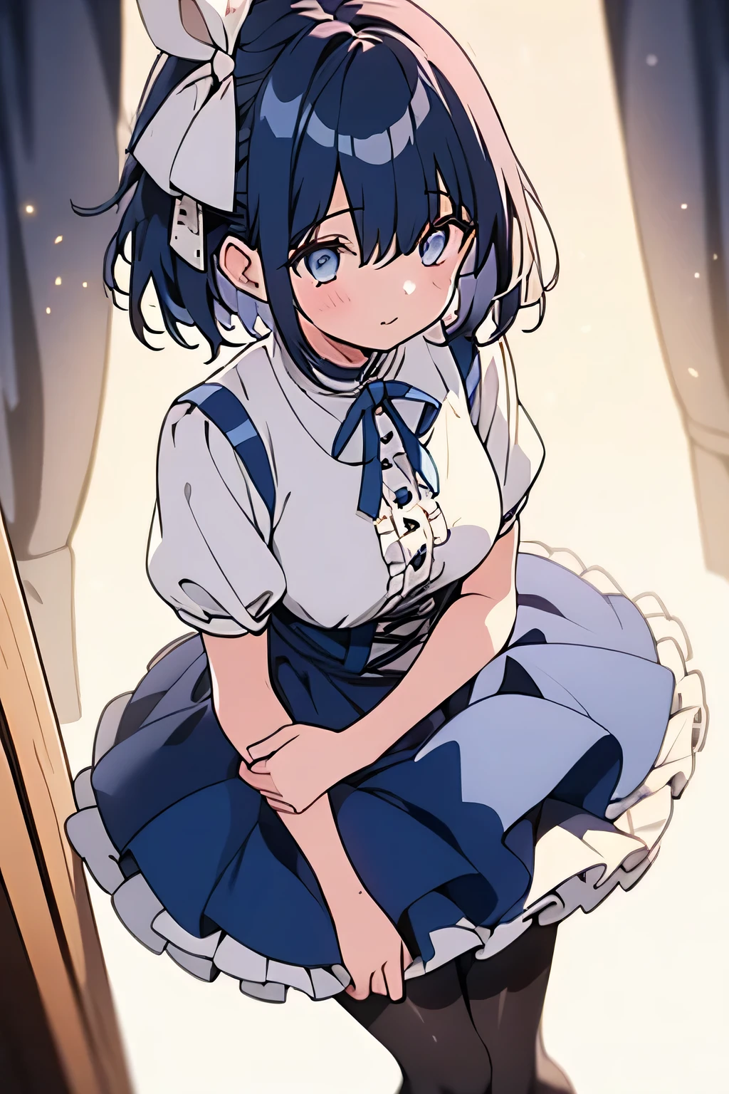 highest quality, 8K,(one girl:1.3),(sharp bob),Navy Hair,light Blue Eyes,seductive smile,Black Pantyhose, Blue short skirt,White blouse,Almond-shaped eyes,close mouth,Fancy Room,make out,fidgety,from side,(tall stature:1.1),shy,hair ribbon, frills, short sleeves,one side up