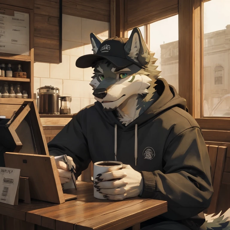 Solitary, hairy, Male ice wolf, Silver reflective hair, White skin, Gray ears, Dark green eyes, sharp claws, Huge fluffy tail, Wearing a black hoodie, Wearing a red baseball cap, Drink coffee, Detailed background, Coffee Shop