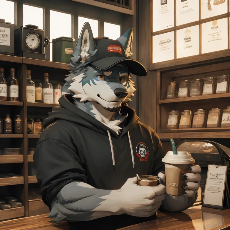 Solitary, hairy, Male ice wolf, Silver reflective hair, White skin, Gray ears, Dark green eyes, sharp claws, Huge fluffy tail, Wearing a black hoodie, Wearing a red baseball cap, Drink coffee, Detailed background, Coffee Shop