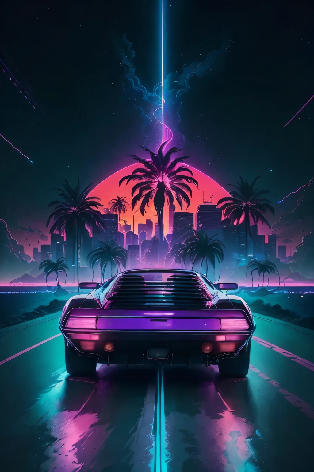 A captivating image, inspired by the pulsating synthwave aesthetic of the 80s, showcases a vibrant palette of neon pinks, purples, and blues. The design intricately incorporates grid patterns, towering palm trees, and a radiant sunset that sets the background ablaze. Silhouettes of vintage sports cars reminiscent of that era and futuristic cityscapes contribute to the nostalgic and forward-looking vibe, making it an allure for enthusiasts of vintage styles and retro culture. With an aspect ratio of 9:16, this masterpiece is meticulously crafted in high definition, offering a truly immersive experience.