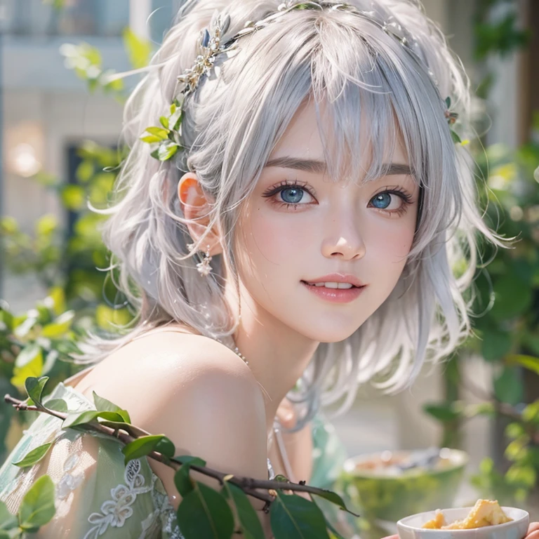 (masterpiece:1.3), (8k, Realistic, RAW Photos, Best image quality: 1.4), Fair-skinned fairy woman、short hair、Cleavage:2.0、Highly detailed face、Attention to detail、double eyelid、Sharp focus:1.2、Beautiful woman:1.4、Silvery white hair、highest quality、masterpiece、Ultra-high resolution、(Realistic:1.4)、Highly detailed and professionally lit smiles、Loose, Light,Japanese High 、 one person、whole body, eating breakfast