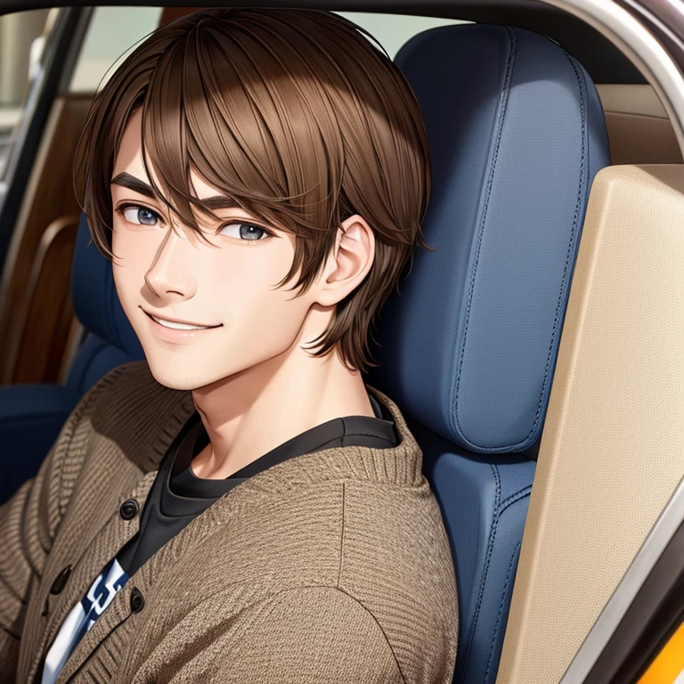 A young man, brown hair, calm smile