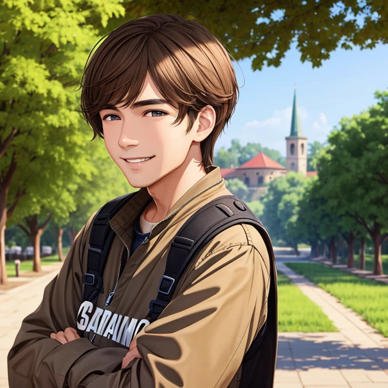 A young man, brown hair, calm smile