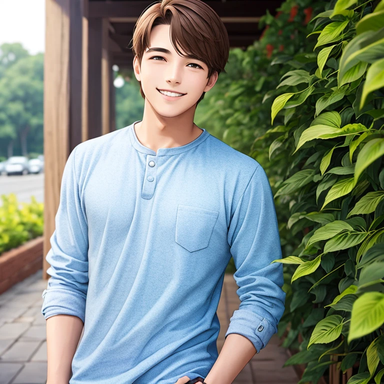 A young man, brown hair, calm smile