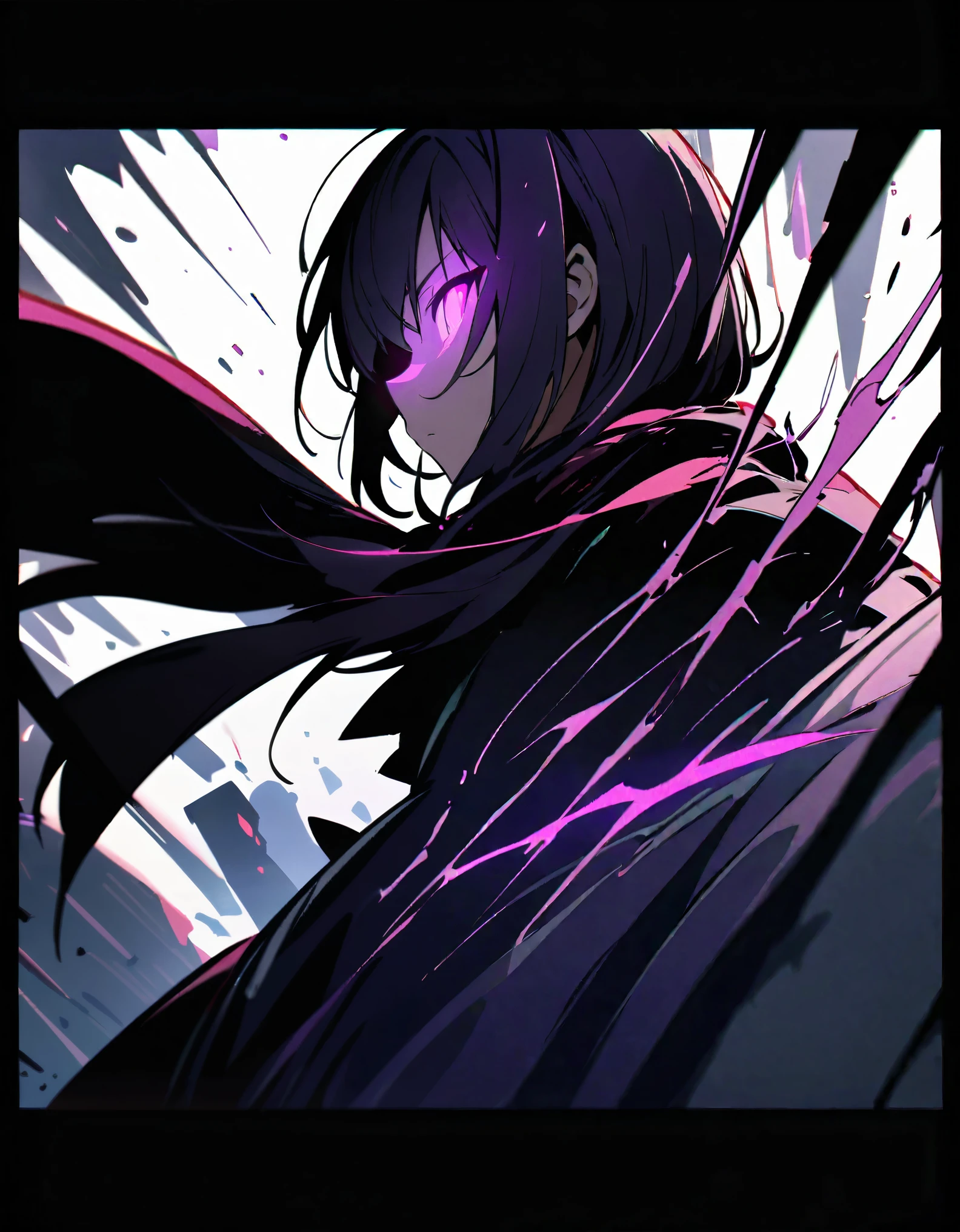 (White Background:1.5)1 girl, Beautiful and detailed, Purple long hair, Pale purple eyes, Princess Dress, Glowing Skin, (Anime Style:1.5)High Contrast Girl, Attacking with a blank look in a dark basement, Side Shot, (null:1.3), (masterpiece, highest quality, perspective, Depth of the written border:1.5), Impressionism