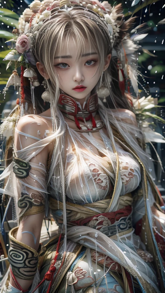 (RAW shooting, Majestic:1.3, 16k:1.5, highest quality, masterpiece, Ultra-high resolution), Perfect dynamic composition:1.3, (heavy snow, On the Cliff:0.7, Majestic背景:0.7, Expressions of sadness:0.9), Highly detailed skin and facial textures:1.3, Wet slim woman:1.0, Random Shot, Fair skin:1.2, Mystical Expressions:1.0, Incredibly slim body:1.2, beautiful:1.1, とてもbeautiful顔:1.1, Water droplets on the skin, (Rain drips down on my body:1.1, Wet body:1.1, Wet Hair:1.1), (Standing Pro:1.1, With a wet bouquet:1.2, The correct way to wear ancient Chinese clothing:1.3), Shapely breasts, (beautifulエロティシズムを醸し出す大きな瞳:0.5, beautifulエロティシズムを醸し出す唇:0.5), Too erotic, Very sweet atmosphere, necklace, Earrings, bracelet