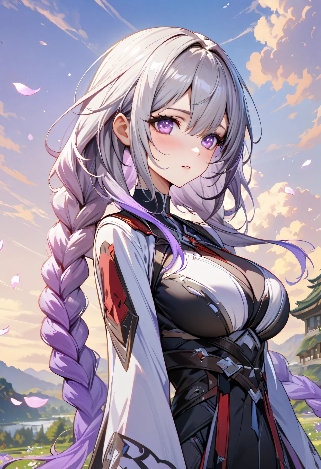 nature, Sky, cloud, Delicate petals falling in the air ,Ultra Detailed , yinji , 1 Girl, purple hair,purple eyes,very long hair,grey hair,double braid,large breasts,gradient hair, Look up at the sky and smile, Beautiful Face, masterpiece, best quality, (Highly detailed CG Unity 8k wallpaper) (best quality), (Best Illustration),