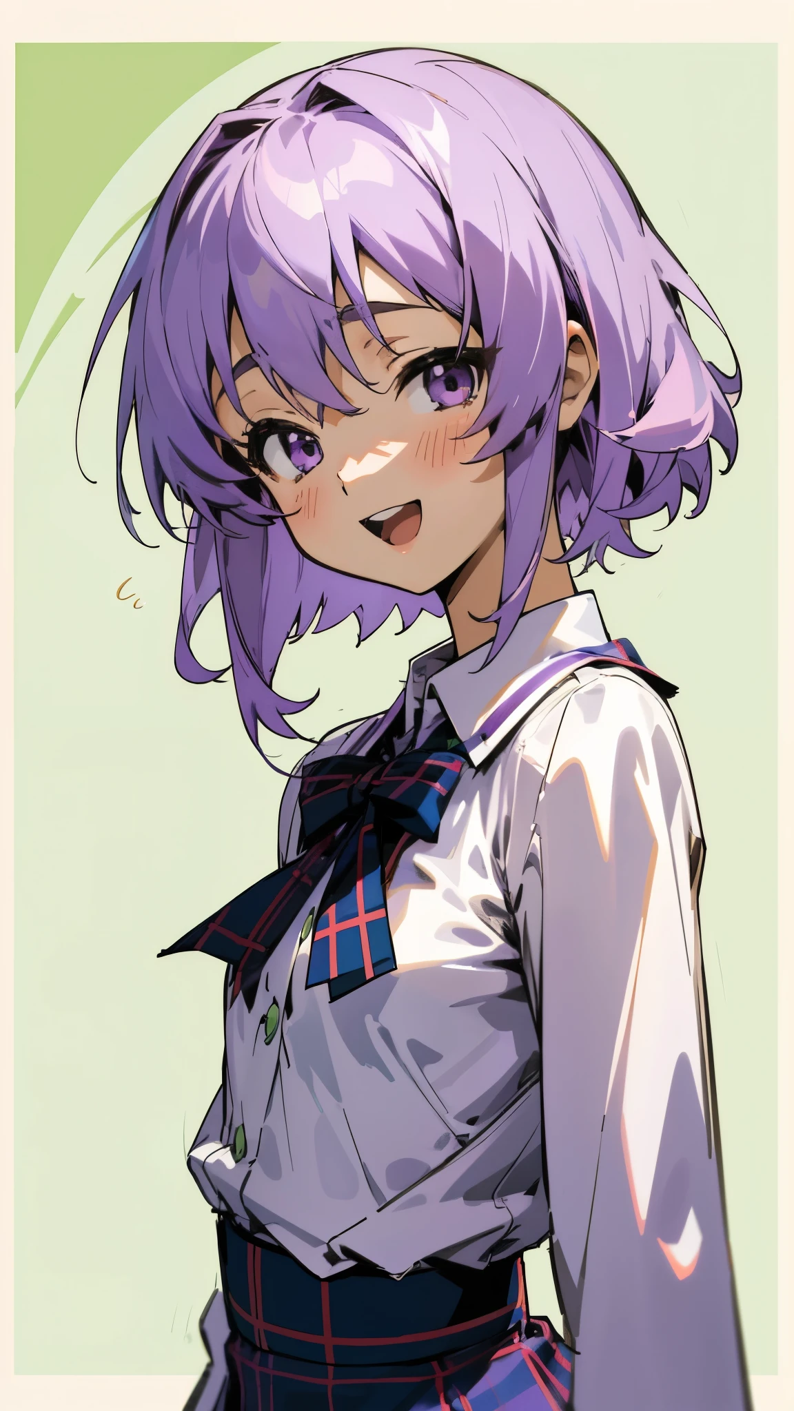 １girl、Yuitsuki Yukari、18-year-old、Small breasts、Slim figure、Light purple hair、short hair、(Hair between the eyes) )、white blouse shirt、Tartan Check Skirt、Upper body close-up、Laughter、Open your mouth、Fresh green background、Background Blur、Depth of the drawn border