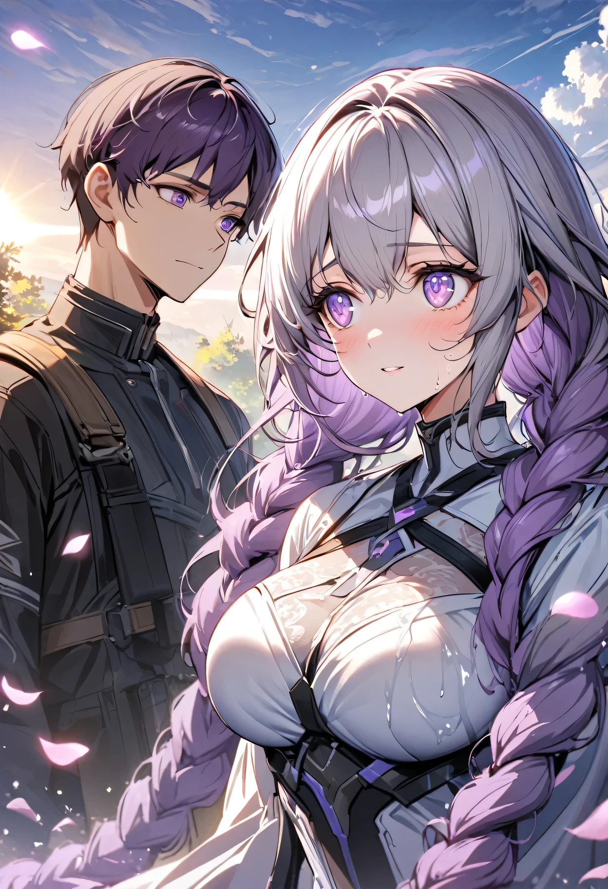 nature, Sky, cloud, Delicate petals falling in the air ,Ultra Detailed ， (A couple, beautiful girl and boy), Big watery eyes, Look at each other, purple hair,purple eyes,very long hair,grey hair,double braid,large breasts,gradient hair, Wearing white clothes, Fine hair, Wear fashionable clothing, Flowing tulle,, Wet hair, cheer up, Tempting face, Stone, Purified water, Water on the body,  Look up at the sky and smile, Beautiful Face, 40s, Soft volumetric light, (Backlight: 1.3), (Movie: 1.3), Intricate details, (art station: 1.3).