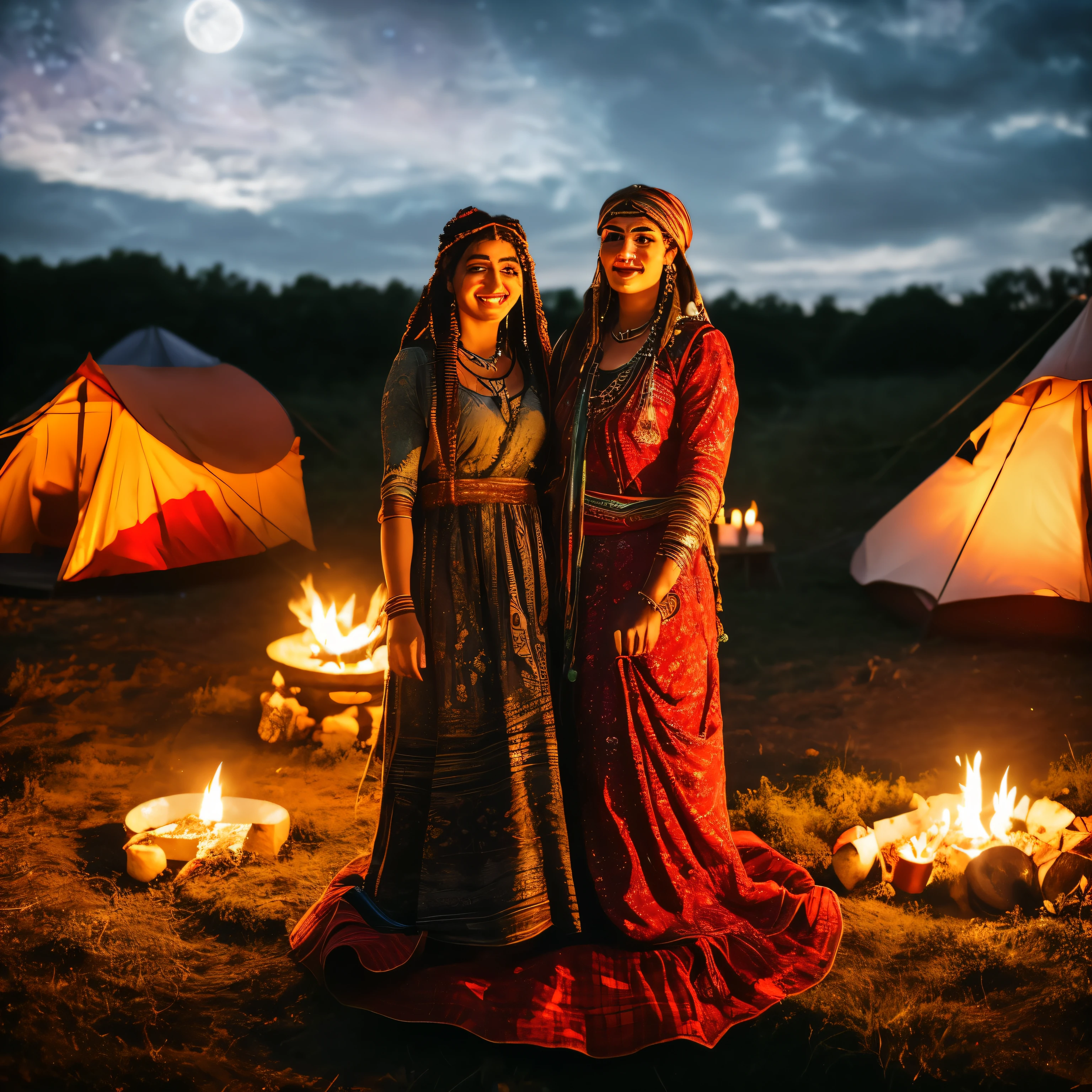 women wearing dress, gypsie, realistic, in a camp, with a bonfire, happy, dancing, night sky, full moon, best quality, fruits, ribbons, coins, flowers, candles, perfect face, realistic face