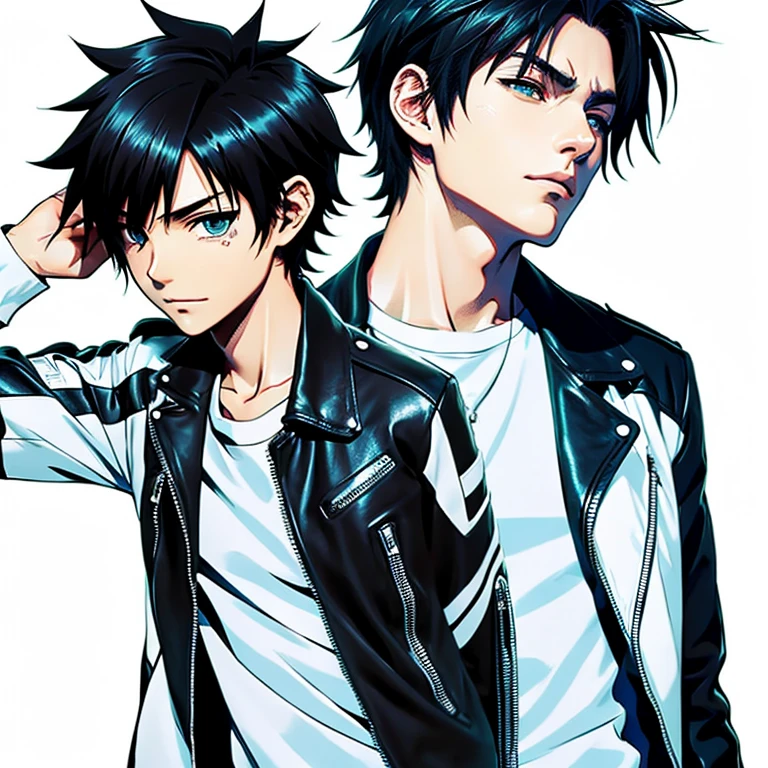 One boy, Black Hair, White Background, Shortcuts, leather jacket, T-Shirts, Upper Body, Detailed shape, Detailed Lines, The Art of Combat Attack, Color Manga Style