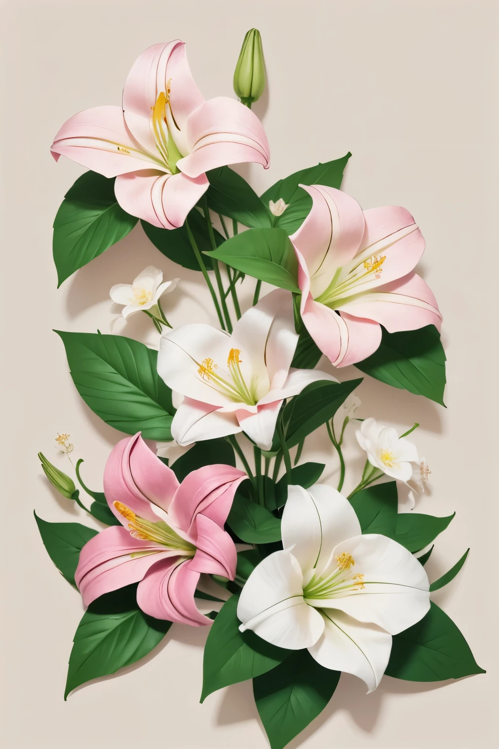 Flat Design illustration, delicate pink and white lillium flowers with vegetation,flat design, kirigami style, soft color palette, natural lights,masterful craft, intrincated,4k, sharp focus, perfect paperfold