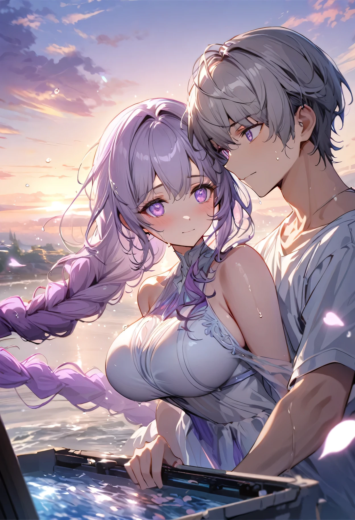 nature, Sky, cloud, Delicate petals falling in the air ,Ultra Detailed ， (A couple, beautiful girl and boy), Big watery eyes, Look at each other, purple hair,purple eyes,very long hair,grey hair,double braid,large breasts,gradient hair, Wearing white clothes, Fine hair, Wear fashionable clothing, Flowing tulle,, Wet hair, cheer up, Tempting face, Stone, Purified water, Water on the body,  Look up at the sky and smile, Beautiful Face, 40s, Soft volumetric light, (Backlight: 1.3), (Movie: 1.3), Intricate details, (art station: 1.3).