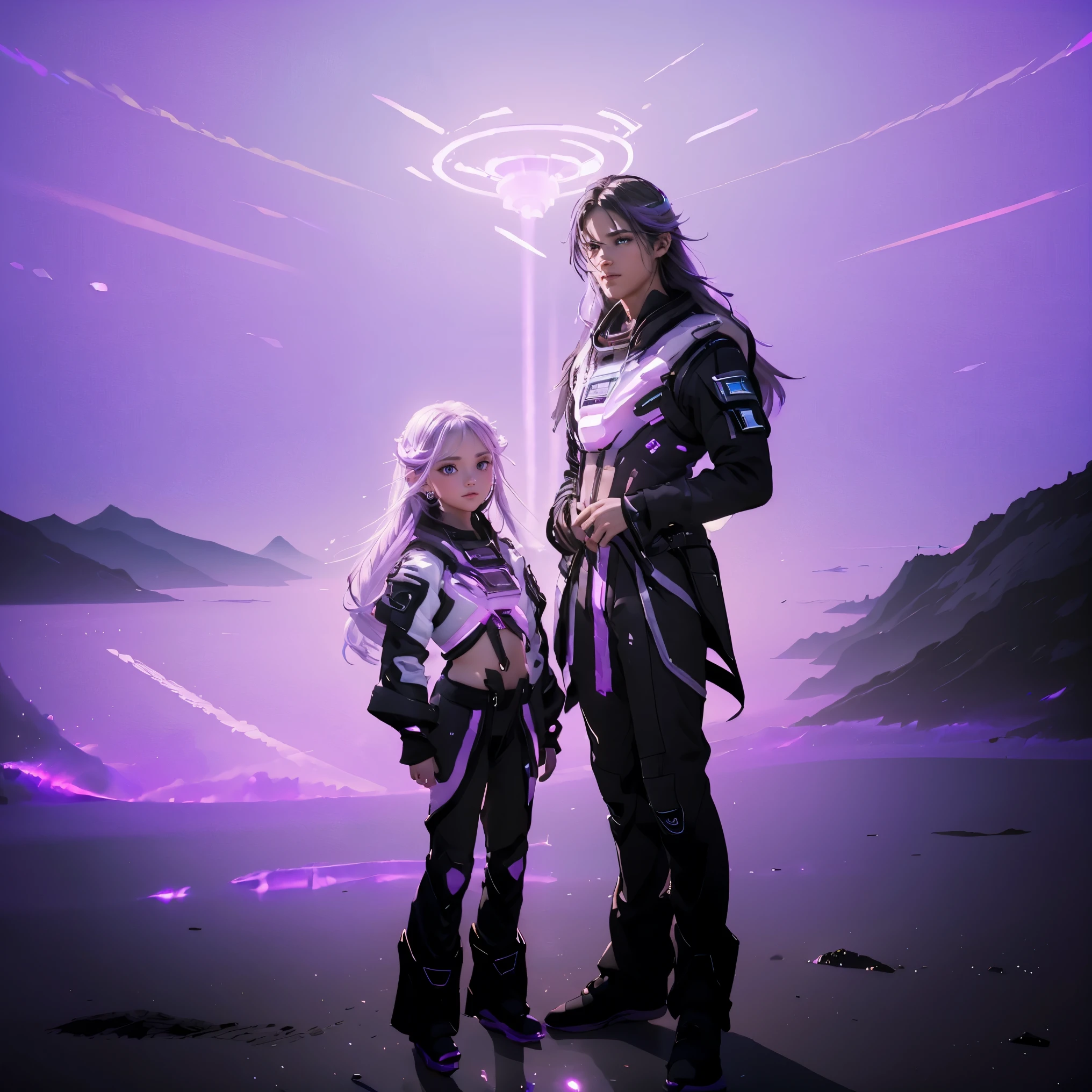 ((masterpiece, best quality, extremely detailed), volumetric lighting, ambient occlusion, colorful, glowing), a boy and a girl, (purple white gradient long hair),  halo, aura, sacred, goddess,, (black outfit:1.3), 
outdoors, sunset, sky, clouds, space, ((a couple shot)),