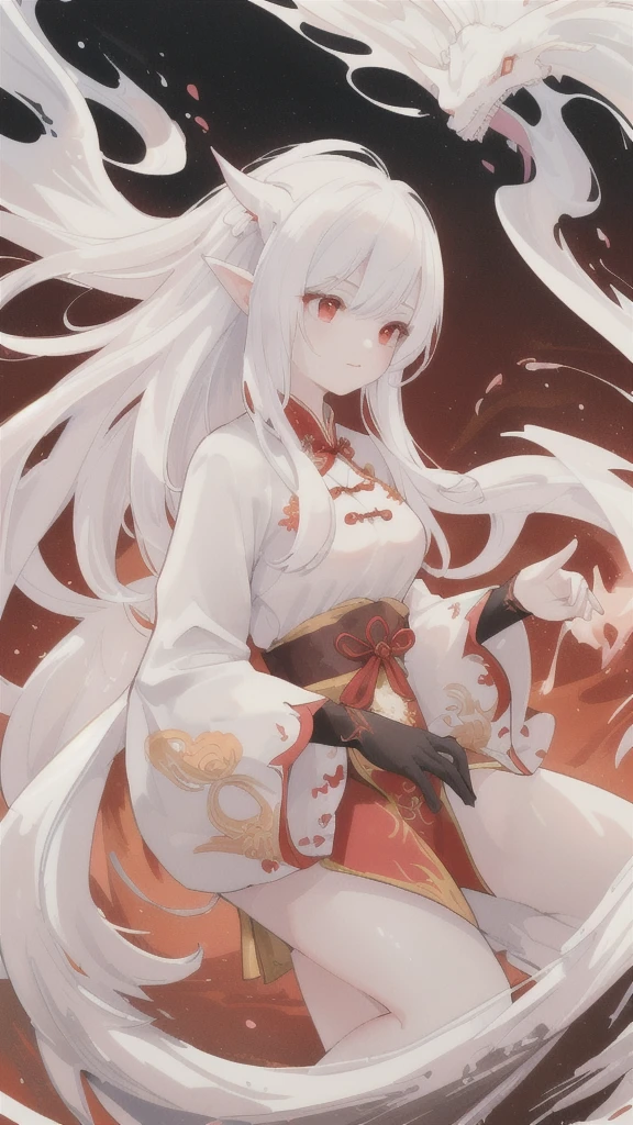 (best quality,highres,ultra-detailed,masterpiece:1.2),white oriental dragon,traditional Chinese painting,ethereal misty background,scale-like patterns,flowing mane and beard,pearlescent scales,rhythmic and graceful movements,bright red eyes,serene expression,vivid paint strokes,mythical creature,striking contrast of white and red color,subtle shading,sublime atmosphere,majestic presence,dragon hovering in the sky,illuminated by soft moonlight,ancient folklore,awe-inspiring power,delicate details of the dragon's face and features,traditional brush techniques,stunning composition,black ink lines defining the dragon's form,harmonious color palette,evoking a sense of tranquility and wisdom,cultural symbol of strength and prosperity,depiction of mythical creatures in Chinese art.