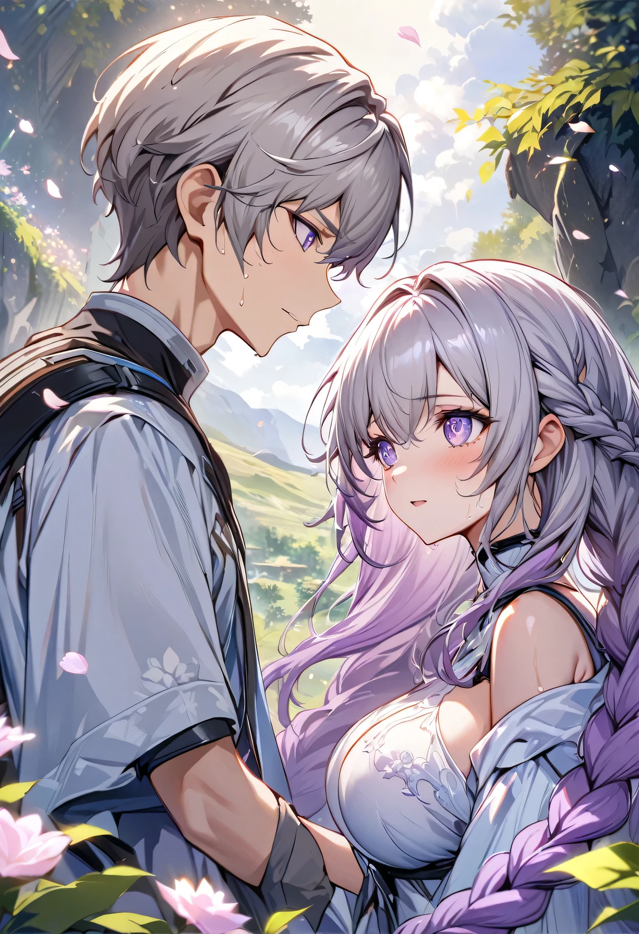 nature, Sky, cloud, Delicate petals falling in the air ,Ultra Detailed ， (A couple, beautiful girl and boy), Big watery eyes, Look at each other, purple hair,purple eyes,very long hair,grey hair,double braid,large breasts,gradient hair, Wearing white clothes, Fine hair, Wear fashionable clothing, Flowing tulle,, Wet hair, cheer up, Tempting face, Stone, Look up at the sky and smile, Beautiful Face,Soft volumetric light, masterpiece, best quality, (Highly detailed CG Unity 8k wallpaper) (best quality), (Best Illustration),