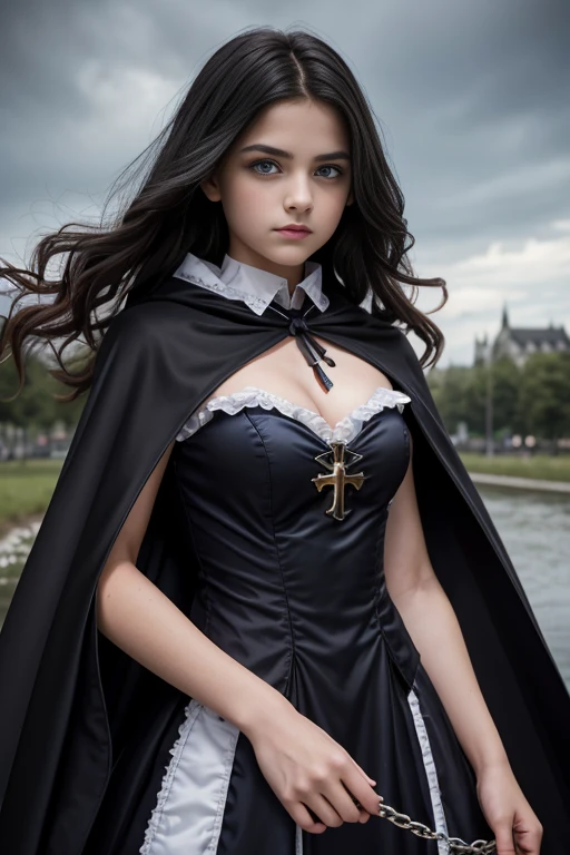 TeEn girl, evil, teenager(1.3),13 years old, teen girl, very small breats, black hair and blue eyes, detailed face, ,cleavage, cropped with cape, dress with christian cross ,background in prussia