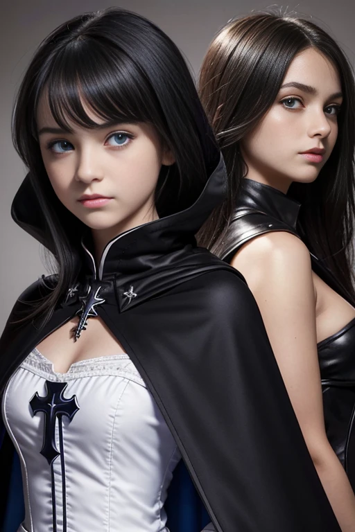 TeEn girl, evil, teenager(1.3),13 years old, teen girl, very small breats, black hair and blue eyes, detailed face, ,cleavage, cropped with cape, dress with christian cross ,background in prussia
