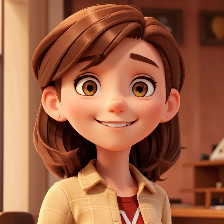 A young woman, brown hair, calm smile