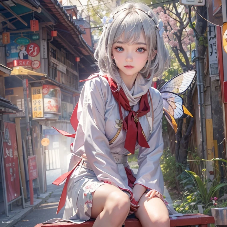 (masterpiece:1.3), (8k, Realistic, RAW Photos, Best image quality: 1.4), Fair-skinned fairy woman、short hair、Cleavage:2.0、Highly detailed face、Attention to detail、double eyelid、Sharp focus:1.2、Beautiful woman:1.4、Silvery white hair、highest quality、masterpiece、Ultra-high resolution、(Realistic:1.4)、Highly detailed and professionally lit smiles、Loose, Light, Wear a Japan high school uniform:1.5、Red scarf、 one person、whole body,Cycling through Japanese cities、
