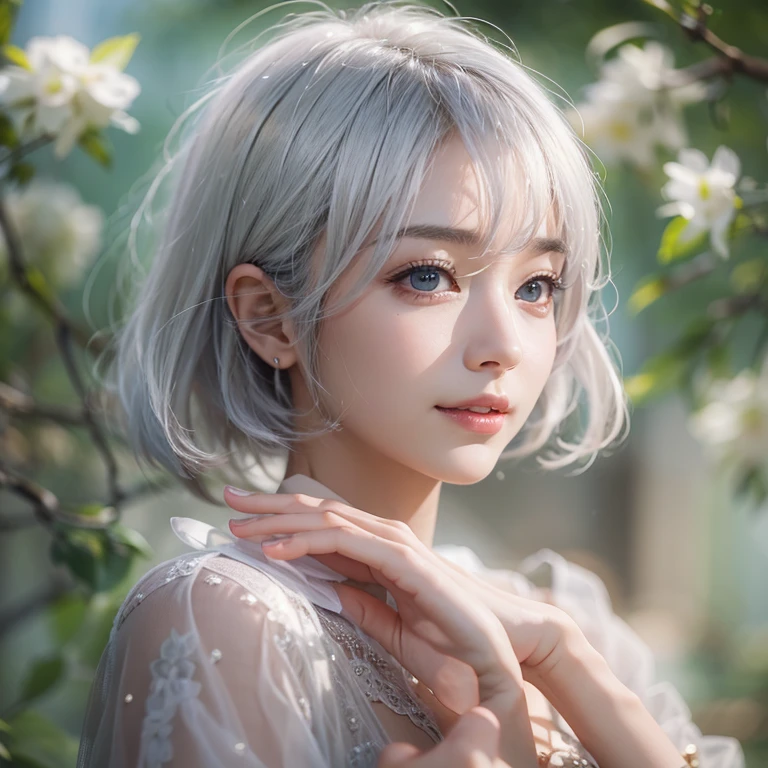 (masterpiece:1.3), (8k, Realistic, RAW Photos, Best image quality: 1.4), Fair-skinned fairy woman、short hair、Cleavage:2.0、Highly detailed face、Attention to detail、double eyelid、Sharp focus:1.2、Beautiful woman:1.4、Silvery white hair、highest quality、masterpiece、Ultra-high resolution、(Realistic:1.4)、Highly detailed and professionally lit smiles、Loose, Light,Japanese high 、 one person、whole body, I eat breakfast